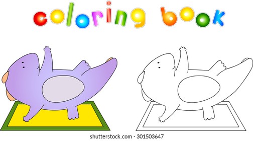 Crummy bellied dragon doing exercises. Coloring book about healthy lifestyle for children. Vector illustration