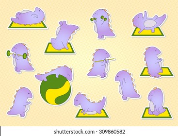 Crummy bellied dragon doing exercises: sit-ups, pull-ups, push-ups, press, meditation and yoga. stickers for children. Vector illustration for kids