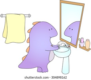 Crummy bellied dragon is washing his hands. Vector illustration for kids
