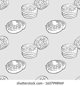 Crumpet seamless pattern greyscale drawing. Useable for wallpaper or any sized decoration. Handdrawn Vector Illustration