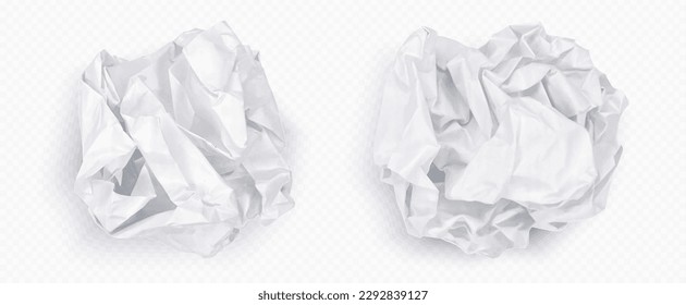 Crumple paper ball, white 3d crinkle trash vector isolated on transparent background. Waste scrunch garbage icon set. Realistic wrinkled page. Messy throw rumple grunge sheet. Mistake in document