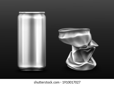Crumpled aluminium can, empty container for soda or beer. Vector realistic mockup of metal trash for recycle, crushed tin can for drink. Recycling garbage isolated on gray background