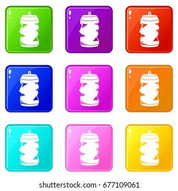 Crumpled aluminum cans icons of 9 color set isolated vector illustration