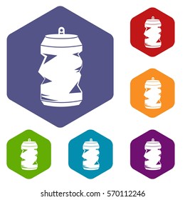 Crumpled aluminum cans icons set rhombus in different colors isolated on white background