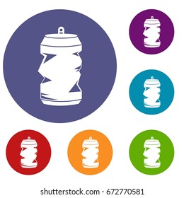 Crumpled aluminum cans icons set in flat circle reb, blue and green color for web