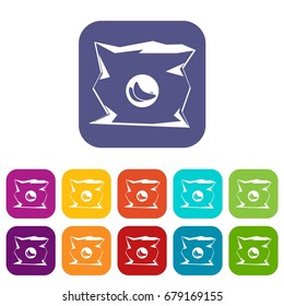 Crumpled bag of chips icons set vector illustration in flat style In colors red, blue, green and other