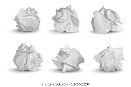 Crumpled balls. 3d garbage paper idea notes trash symbols decent vector realistic pictures