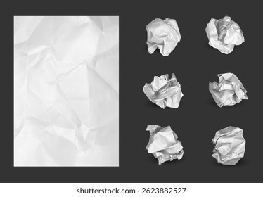 Crumpled balls and paper sheet. Crumple scrunched used white paper sheet with crinkles and trash ball. Vector isolated set for garbage concept.