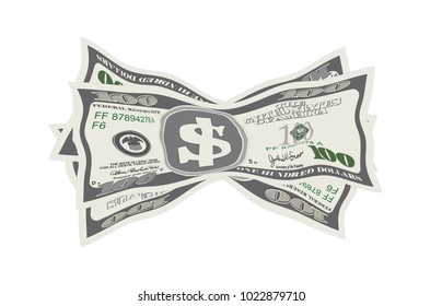 Crumpled banknotes. Wrinkled dollar bills in form of bow. Isolated currency of USA on white background. Vector illustration.