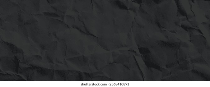 A crumpled black paper background with a textured, wrinkled style. The black background adds a dramatic, dark effect. Paper texture background vector. Black background.