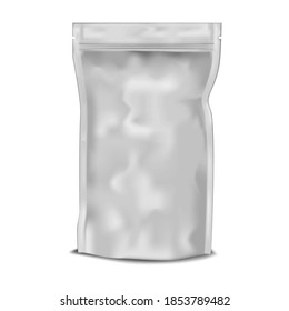 Crumpled blank vacuum stand up pouch isolated on white background, realistic vector mockup. Food packaging bag with zip lock and tear notches, template.