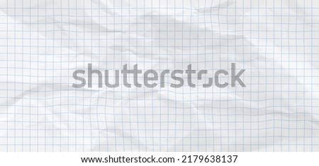 Crumpled blue checkered paper texture realisric vector illustration. White blank notebook sheet with grid, wrinkle and crease effect, note page mock up, educational template