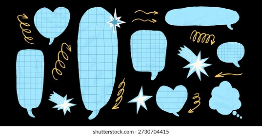 Zerknitterte blaue Gitter Papier Sprechblasen gesetzt. Vektor Ausschnitt Dialog Collage Mathematik Stücke Herz, Wolke unregelmäßige Form. Textfelder für Schulnachrichten leer. Scrapbook zerrissenen Chat Comic ausgeschnitten einzeln keine große.