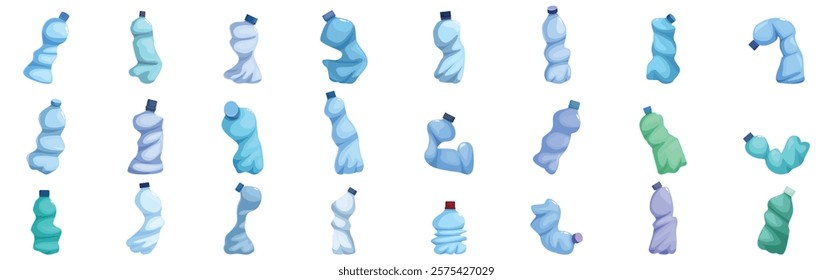 Crumpled bottle icons set. Crumpled plastic bottles represent environmental pollution and the importance of recycling