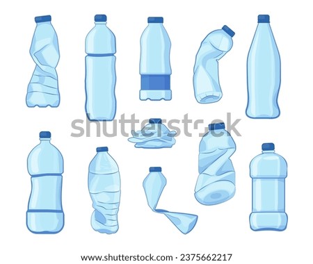 Crumpled bottles. Broken plastic bottles, crushed empty plastic containers, recycle garbage eco concept. Vector isolated set of garbage bottle plastic crumpled illustration