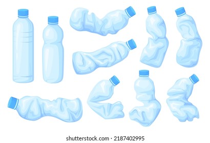 Botellas en ruinas. Agua no higiénica de la botella de plástico aplastada, basura botellas rotas desperdicios plásticos descartados contaminación ambiental de los desechos marinos, clara ilustración vectorial del reciclamiento de botellas