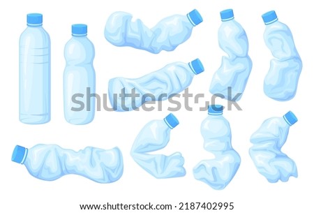 Crumpled bottles. Unhygienic plastic crush bottle water, used broken bottled trash garbage refuse plastics discarded sea waste environment contamination, neat vector illustration of bottle recycle