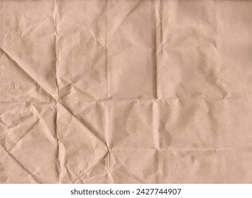 Crumpled brown craft package paper texture. Abstract beige background with wrinkled cardboard texture. Vector illustration of a realistic origami page card folded and then unfolded sheet of paper