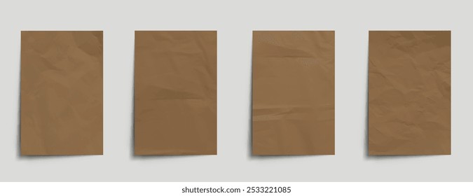 Crumpled brown kraft paper for scrapbook or writing message. Realistic 3d illustration vector set of wrinkled craft sketchbook page mockup. Blank vintage parchment notepad or newspaper leaflet.