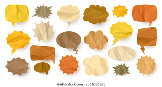 Crumpled brown paper comic speech bubbles. Hand drawn retro cartoon stickers. Pop art style. Old, vintage dialog boxes with cardboard texture. Vector illustration