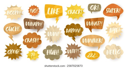 Crumpled brown paper comic speech bubbles. Hand drawn retro cartoon stickers with text. Pop art style. Old, vintage dialog boxes with cardboard texture. Vector illustration