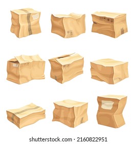 Crumpled Cardboard Box with Corrugated Sides as Packaging and Shipping Container Vector Set