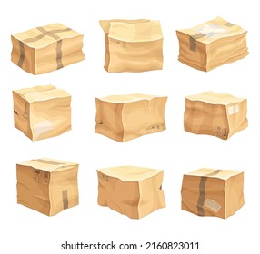 Crumpled Cardboard Box with Corrugated Sides as Packaging and Shipping Container Vector Set