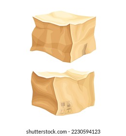 Crumpled Cardboard Box with Corrugated Sides as Packaging and Shipping Container Vector Set