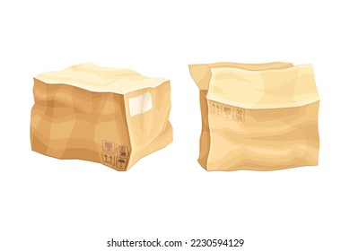 Crumpled Cardboard Box with Corrugated Sides as Packaging and Shipping Container Vector Set