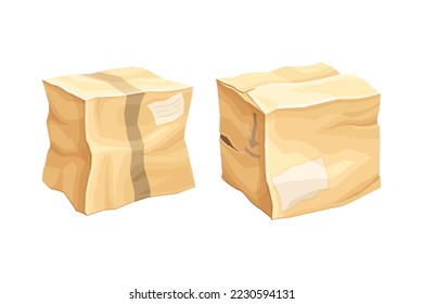 Crumpled Cardboard Box with Corrugated Sides as Packaging and Shipping Container Vector Set