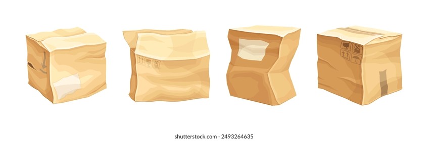 Crumpled Cardboard Box with Corrugated Sides as Packaging and Shipping Container Vector Set