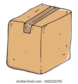 Crumpled cardboard box. A cardboard box sealed with adhesive tape. Uneven box. Vector illustration.