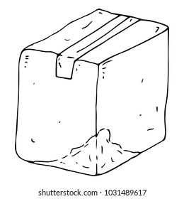 Crumpled cardboard box. Vector illustration cardboard box sealed with adhesive tape. Uneven box.  Hand drawn damaged box with a damaged side.