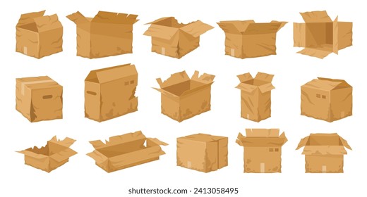 Crumpled cardboard boxes. Broken carton delivery package, wet, damaged, torn shipping containers flat vector illustration set. Damaged cardboard boxes