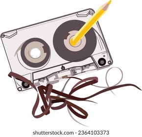 Cinta de cassette y un lápiz para hacer rodar la cinta aislada en un fondo transparente, el hábito de la era de los 90. Cosas de los 90 de memorables medios de música vintage