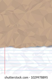 crumpled craft paper with torn edges on crumpled note paper with blend shadow, vector background