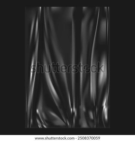 Crumpled and creased plastic texture for poster, banner with copy space. Vector realistic textured background. Transparent black wrapping, wrap surface with polythene. Grunge or retro design