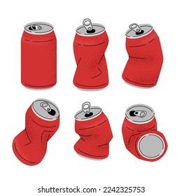 Crumpled or crushed aluminum can vector illustration set. Different stages. Simple flat textured design. Editable stroke. - Shutterstock ID 2242325753