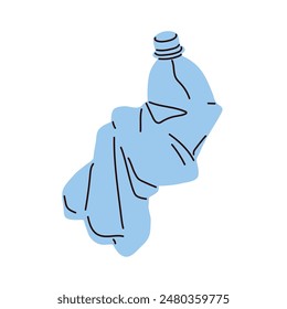 Crumpled and crushed empty plastic bottle. Waste, used and compressed rubbish. Disposable crinkled smashed beverage container, trash, garbage. Flat vector illustration isolated on white background