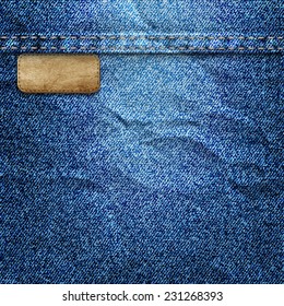 Crumpled denim background with label. Vector EPS10  