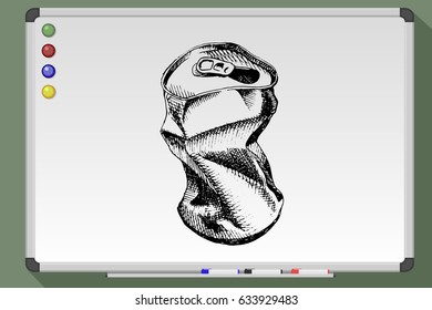 Crumpled empty soda can or beer can on whiteboard. Vector illustration