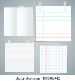 Crumpled exercise sheet is attached to the wall with an adhesive tape. Paper for notes. Flat vector cartoon illustration. Objects isolated on white background.