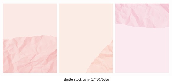 Crumpled and Folded Piece of Blue and Gray Paper on a Light Pink and Light Gray Background. 3 Vector Layouts with a Torn Piece of  Irregular Crumpled Paper. Pastel Blue and Gray Ripped Paper Surface. 