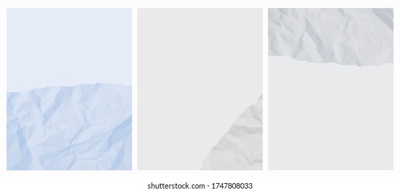 Crumpled and Folded Piece of Blue and Gray Paper on a Light Blue and Light Gray Background. 3 Vector Layouts with a Torn Piece of  Irregular Crumpled Paper. Pastel Blue and Gray Ripped Paper Surface. 