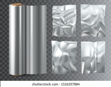 Crumpled food polyethylene package on transparent. Wrapper for nutrition storage, polymer film or membrane sachet. Polythene closeup or clear cellophane mockup. Tape roll. Realistic pouch and wrap