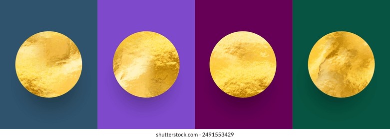 Crumpled gold metallic paper. Shiny gold Foil circles texture. Shopping labels, sale or discount sticker, quality mark. Special offer price tag, promotional badge. Luxury vector gold.