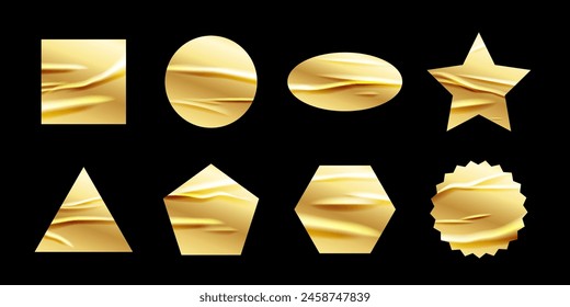 Crumpled gold paper sticker vector illustration set. Wrinkled glued labels different shapes and forms. Realistic isolated round, circle, square, triangle, hexagon, star, pentagon, ellipse mockup.