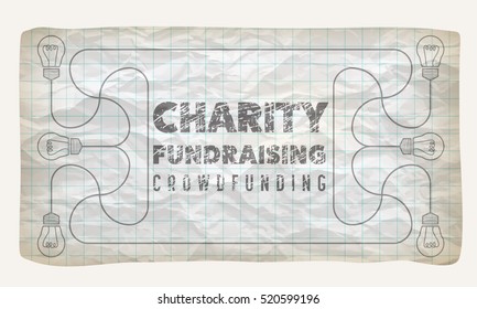 Crumpled graph paper with bulbs and the words charity; fund raising, crowd funding