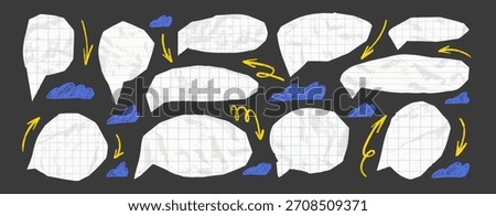 Crumpled grid paper speech bubbles. Cutout dialogue collage math pieces. Kids school wrinkled message text boxes. Scrapbook torn angular chat comic cut out with clouds and arrow torn isolated no bg.