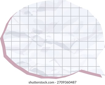 Crumpled grid speech bubble with folded paper texture in flat shading. Wrinkled square pattern dialog shape with torn edge and soft shadow, clean outline. Cartoon vector illustration